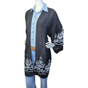 Sheer Black Embroidered Kimono Cardigan | Floral Stitch Detail | One Size